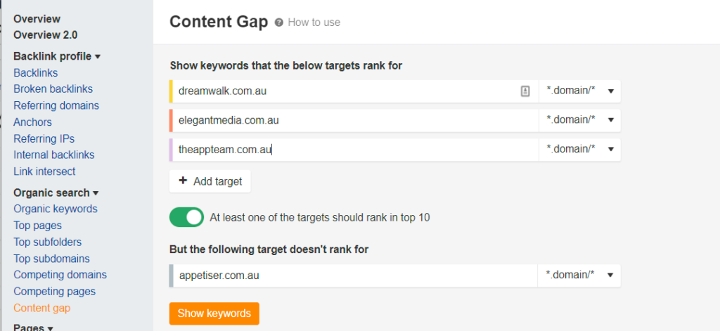Google ranking software - ahrefs content gap page