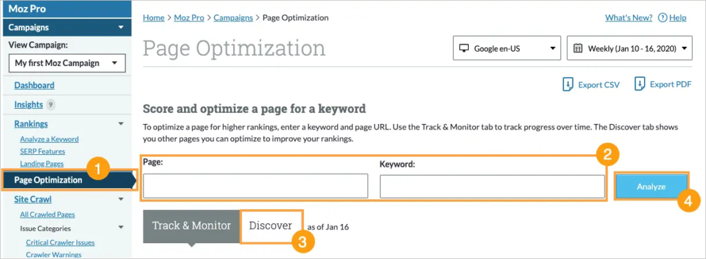 Google ranking software - moz page optimization dashboard