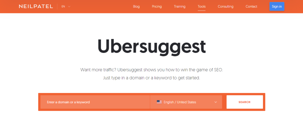 Google ranking software - ubersuggest homepage