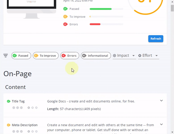 Google ranking software - woorank sort feature